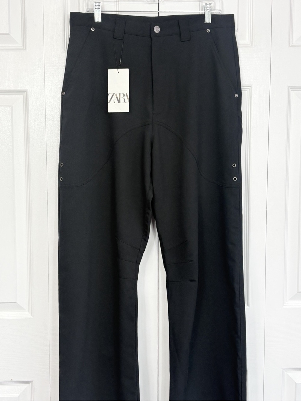 NWT Zara Sporty Black High Rise Flap Pocket Relaxed Straight Leg Pants 40